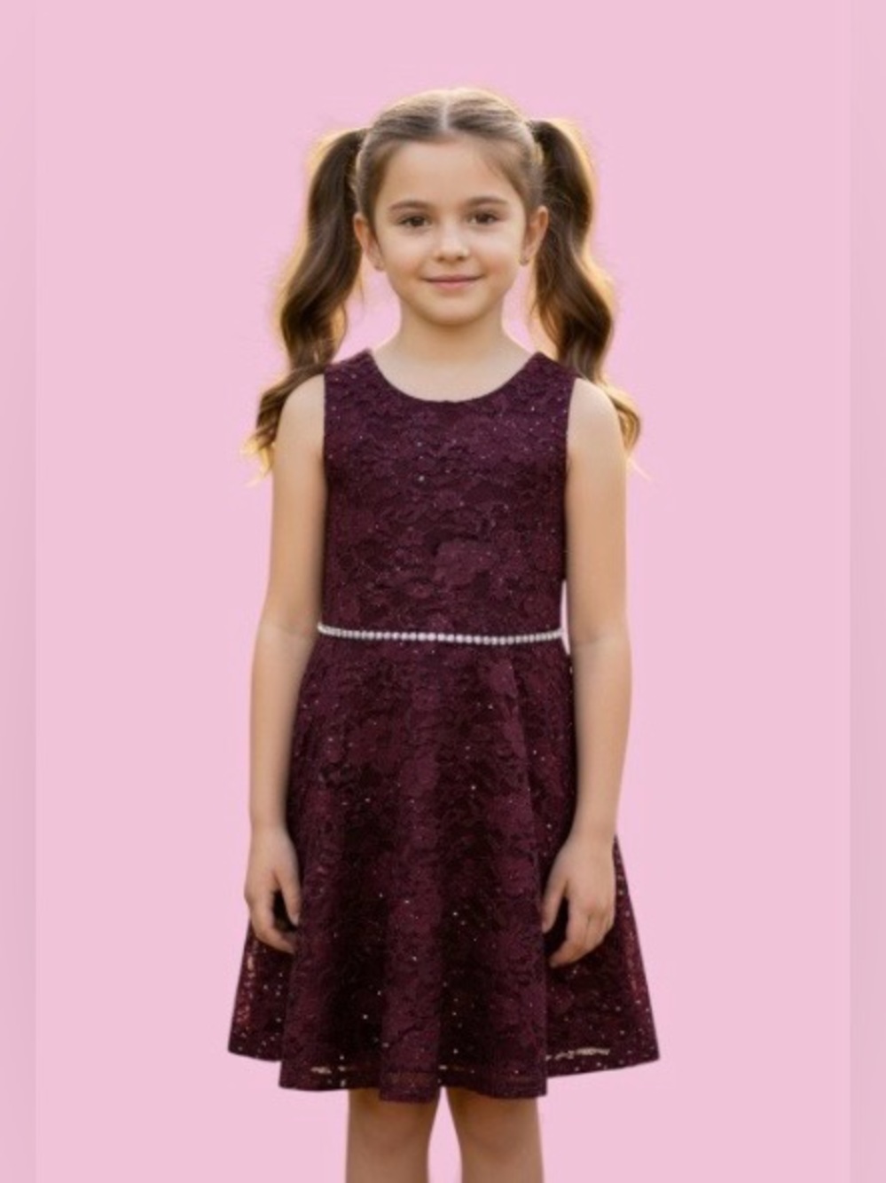 Girls' Burgundy Lace sequence lined Party Dress with Pearl Waistband